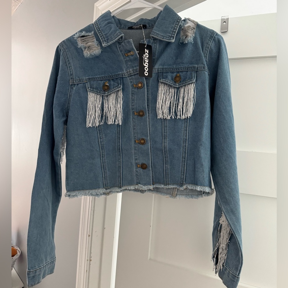 Fringe denim crop jacket